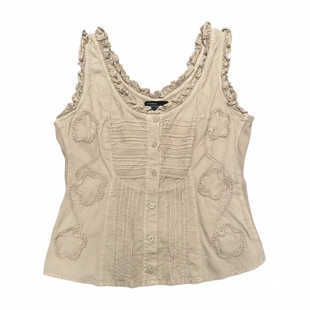 Beige Cotton Ruffle Embroidered Tank Top Coquette Cottagecore Large Artsy Chic